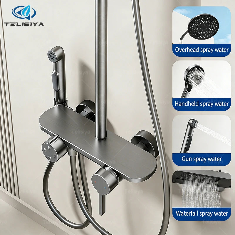 New Modern Bathroom Gun Gray Aluminum Minimalist Household Shower Set MultiFunction Hot and Cold Water Shower System Set