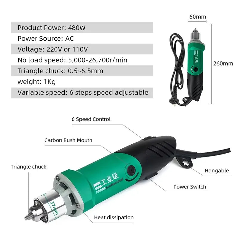 220V 480W High-Power Engraver Electric Drill Engraving Rotary Tool 6-Position Variable Speed Polishing 26700RPM