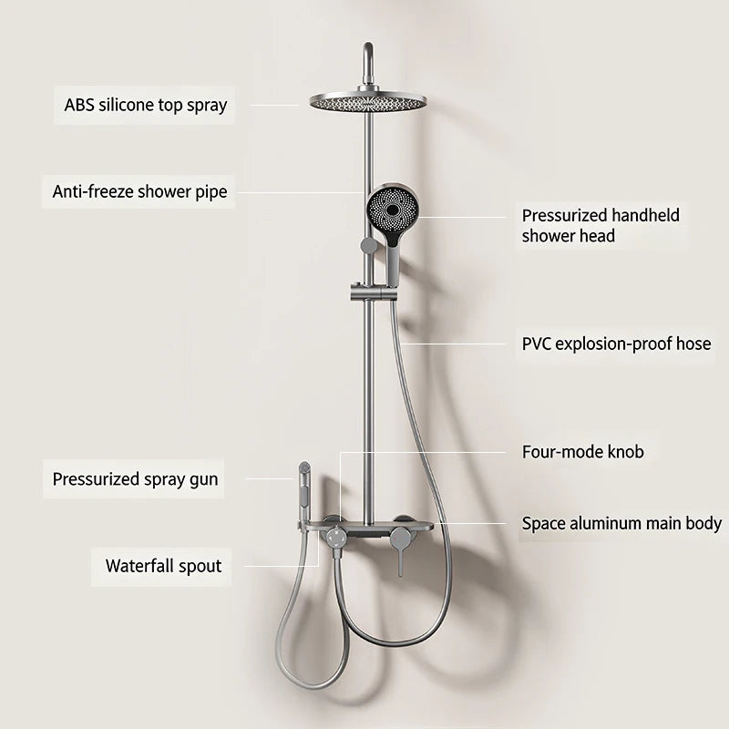 New Modern Bathroom Gun Gray Aluminum Minimalist Household Shower Set MultiFunction Hot and Cold Water Shower System Set